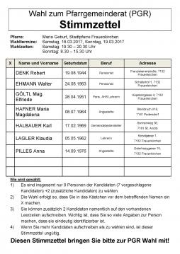 Stimmzettel PGR Wahl Stadtpfarre Frauenkirchen